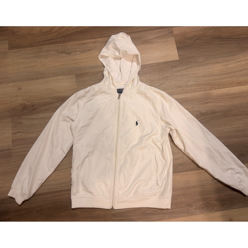 Polo Ralph Lauren White Windbreaker Hooded Jacket Navy Pony Logo Womens Medium